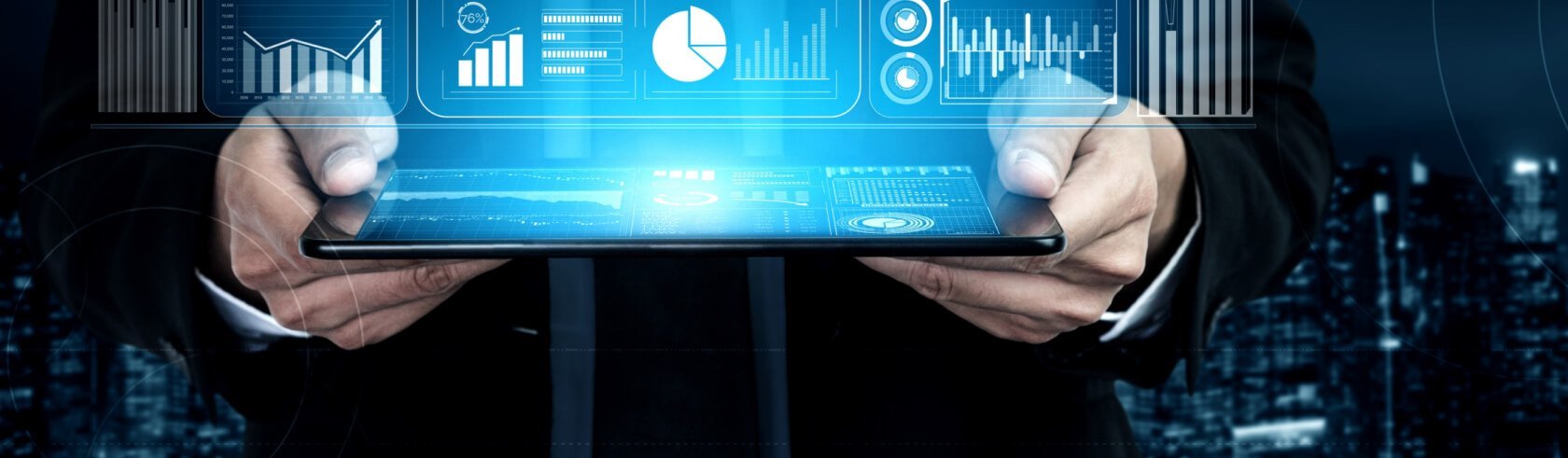 data on tablet screen, held in hands