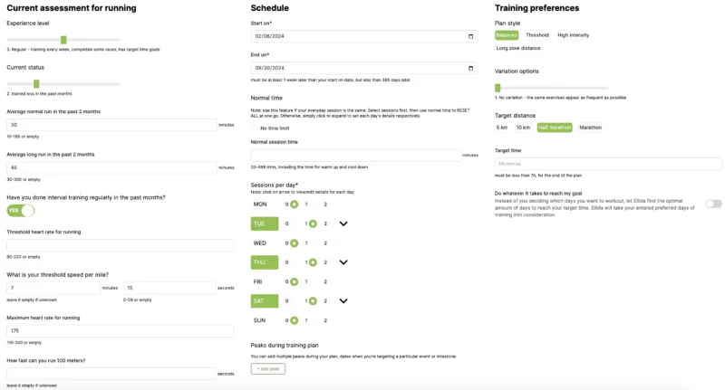 Ellida plan settings