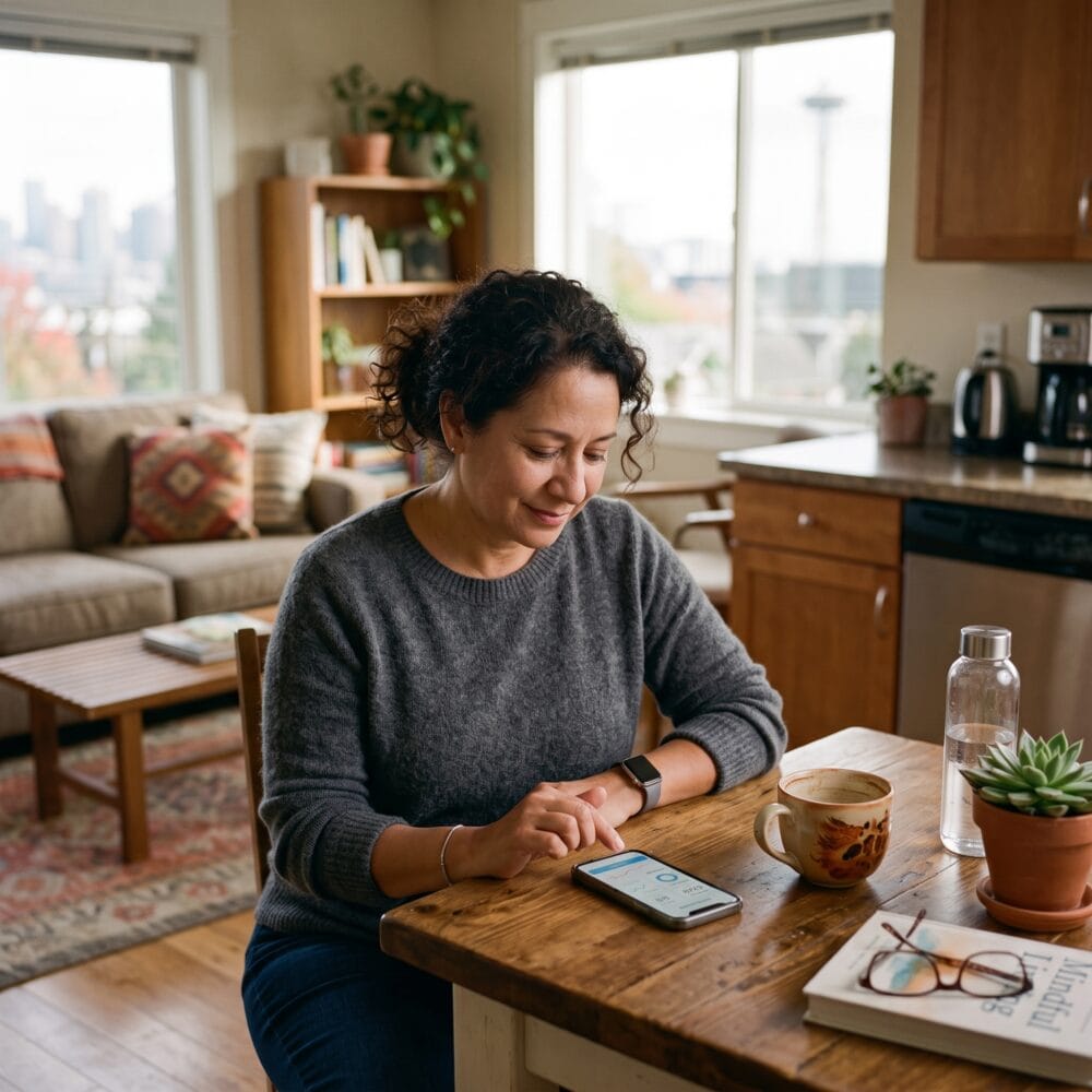 woman looking at wellness app