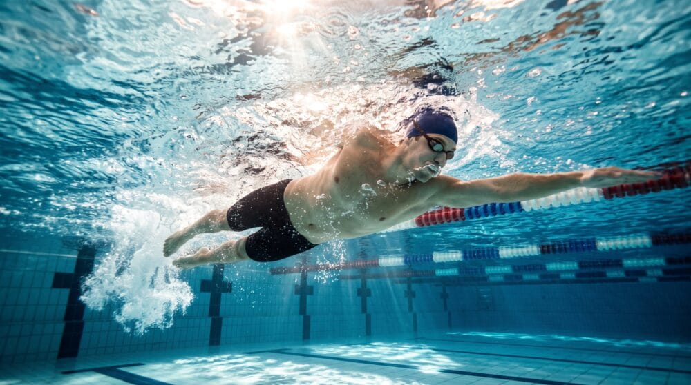Elite swimmer racing freestyle in a competition pool