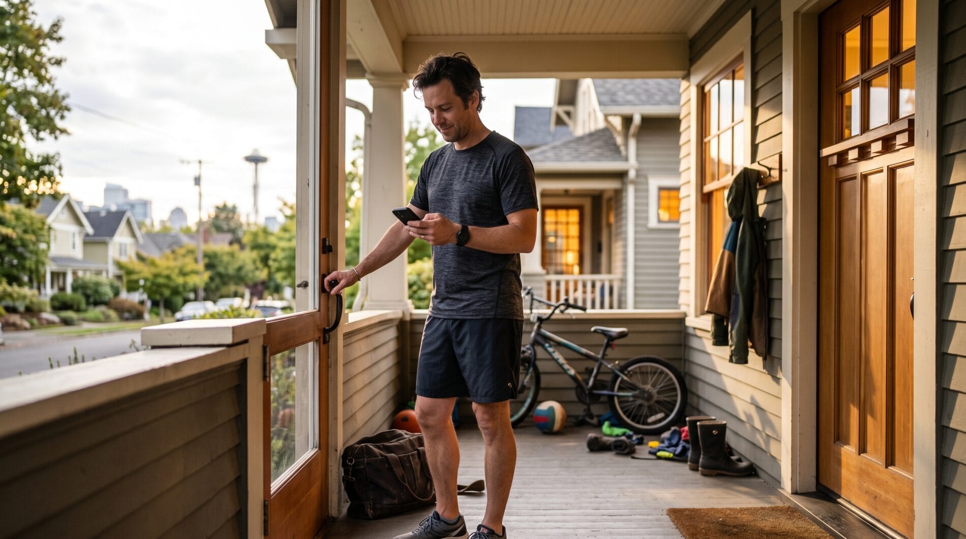 A runner at his front door checking an adaptive training plan on his phone after a busy day