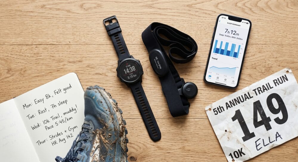 Wearables, race bib and training diary representing the data sources svexa combines