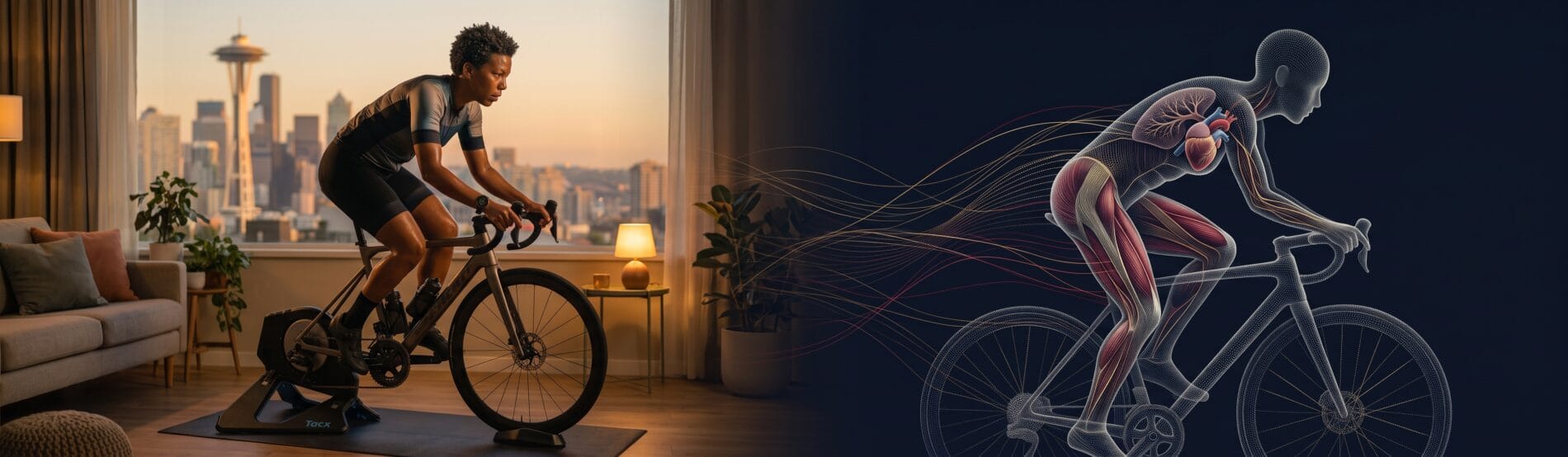 A cyclist training at home beside a data-driven digital twin representation of their physiology