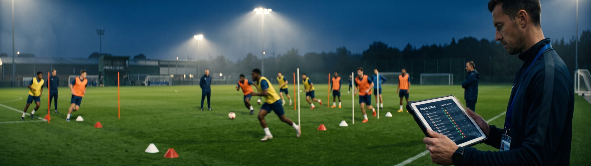 A sports scientist reviewing daily injury risk forecasting for players during a professional football training session