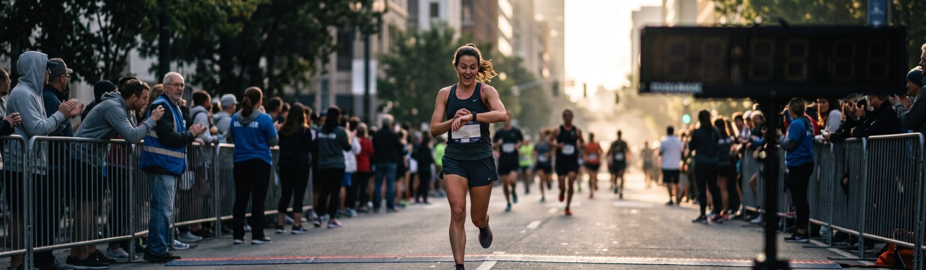 A runner checking her performance prediction as she crosses a 10 km race finish line.