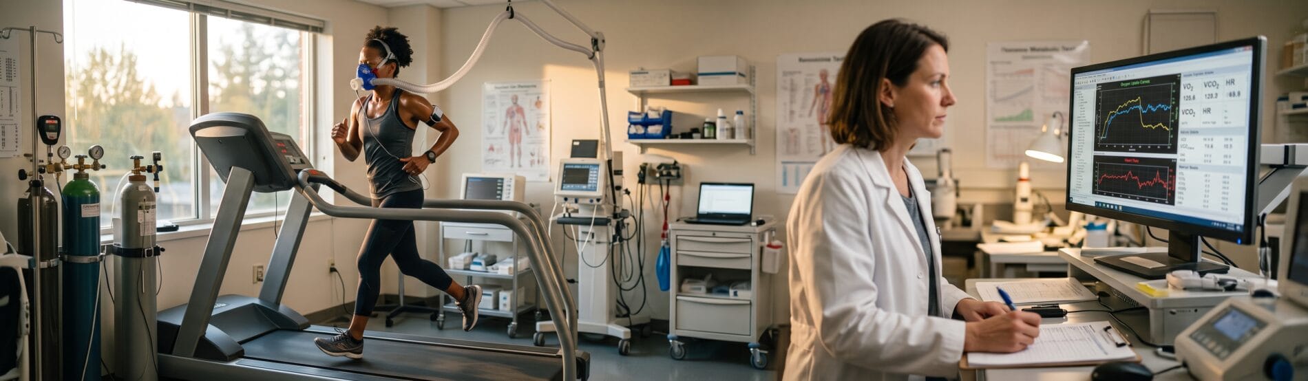 A runner performing a VO₂max test on a treadmill while a researcher monitors gas-exchange data