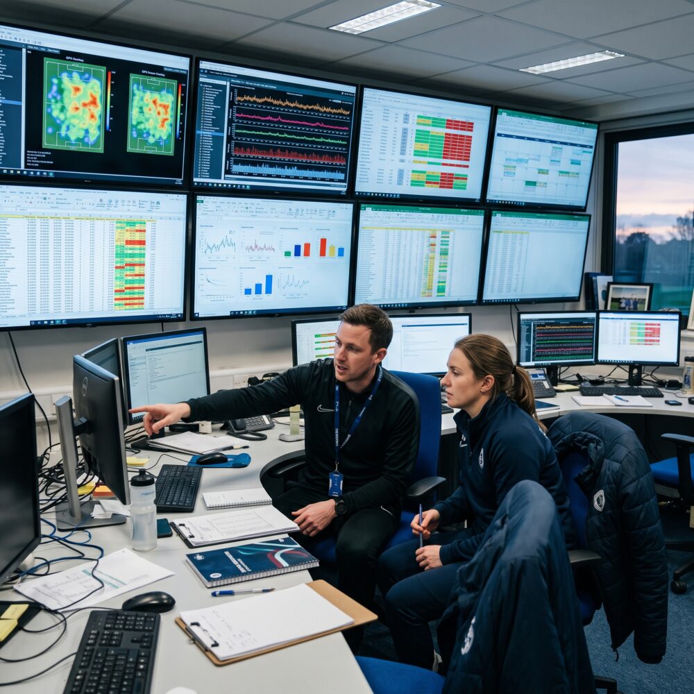 Performance staff surrounded by multiple data screens, illustrating the data overload Zone7 resolves